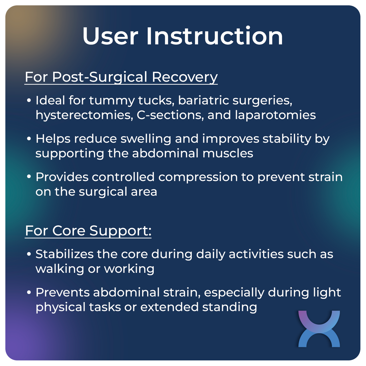 User instructions for abdominal support belt