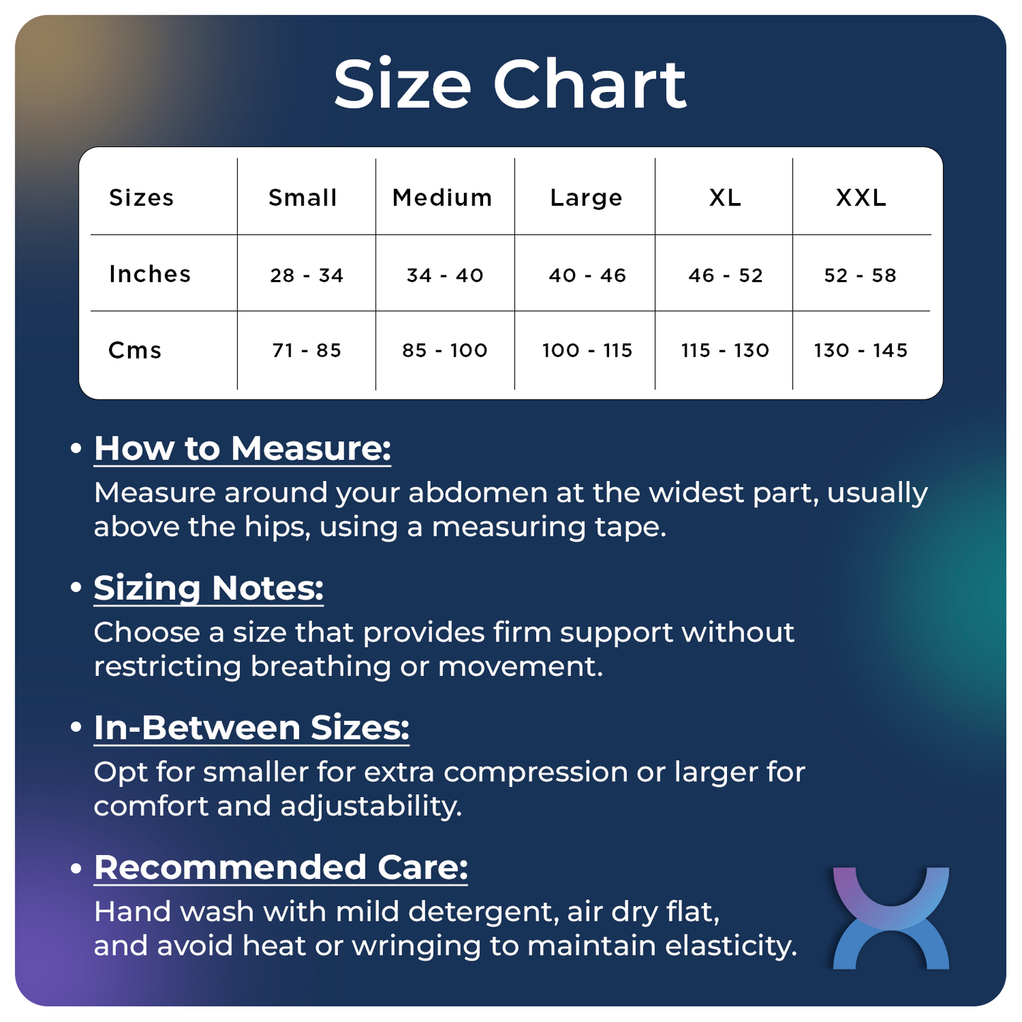 Size guide for an abdominal support belt