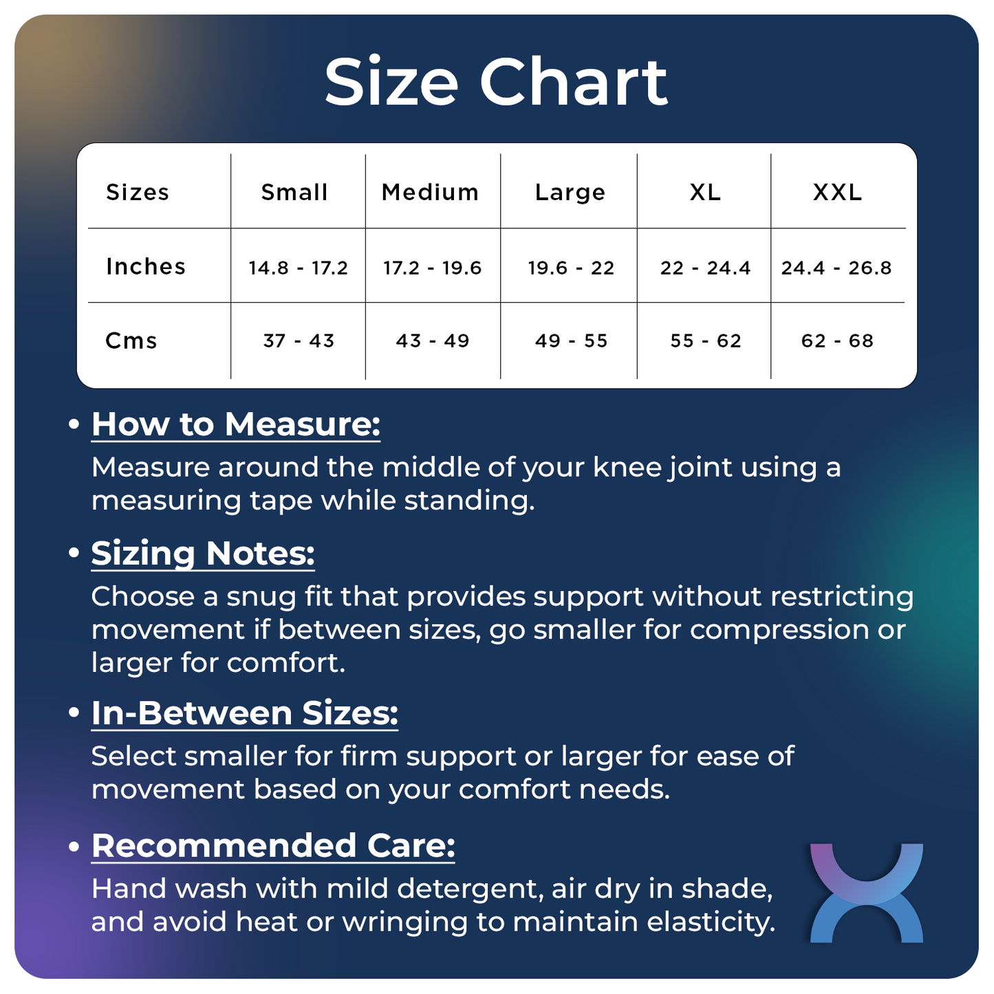 Size chart for the knee cap support brace