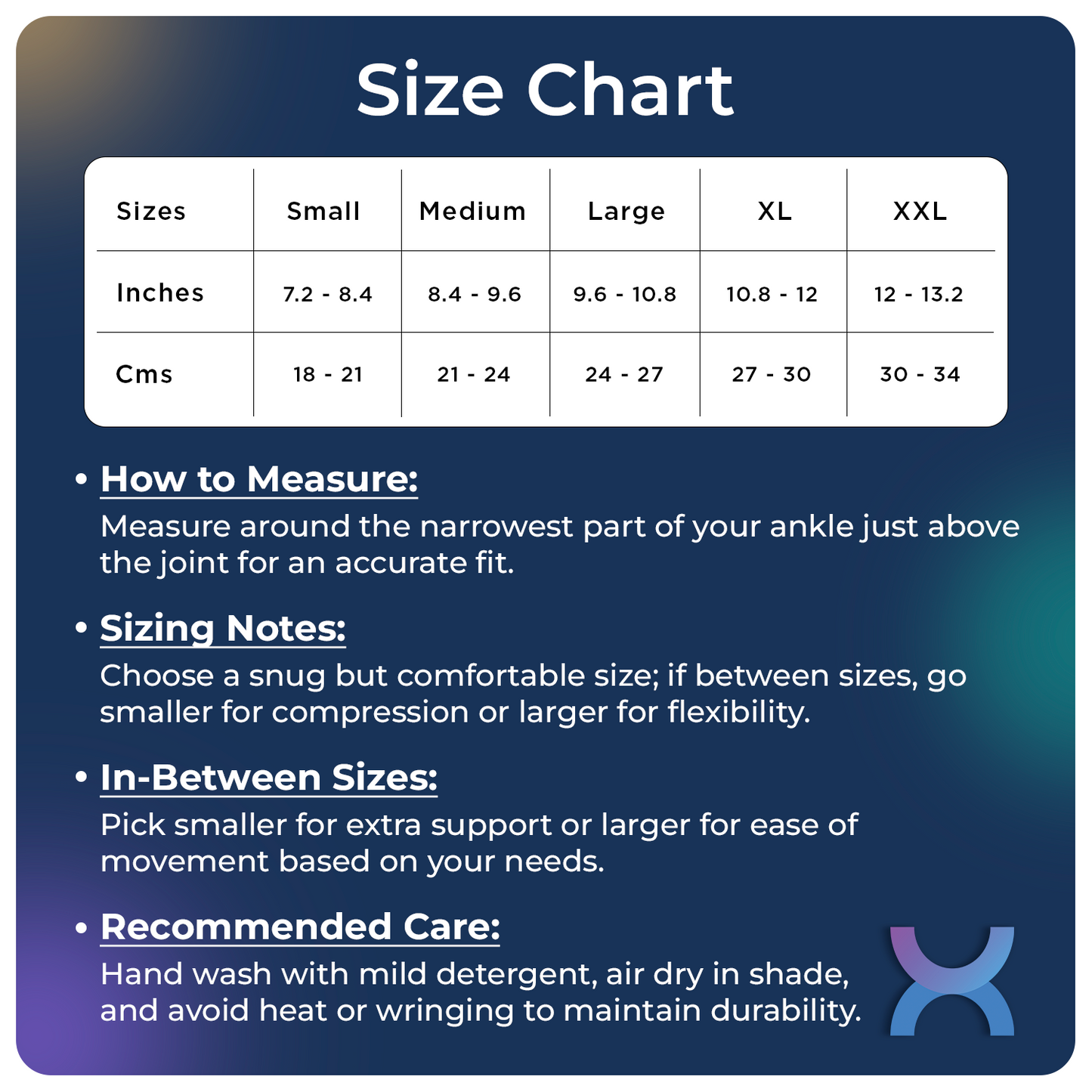 size chart for the Ankle Support Brace