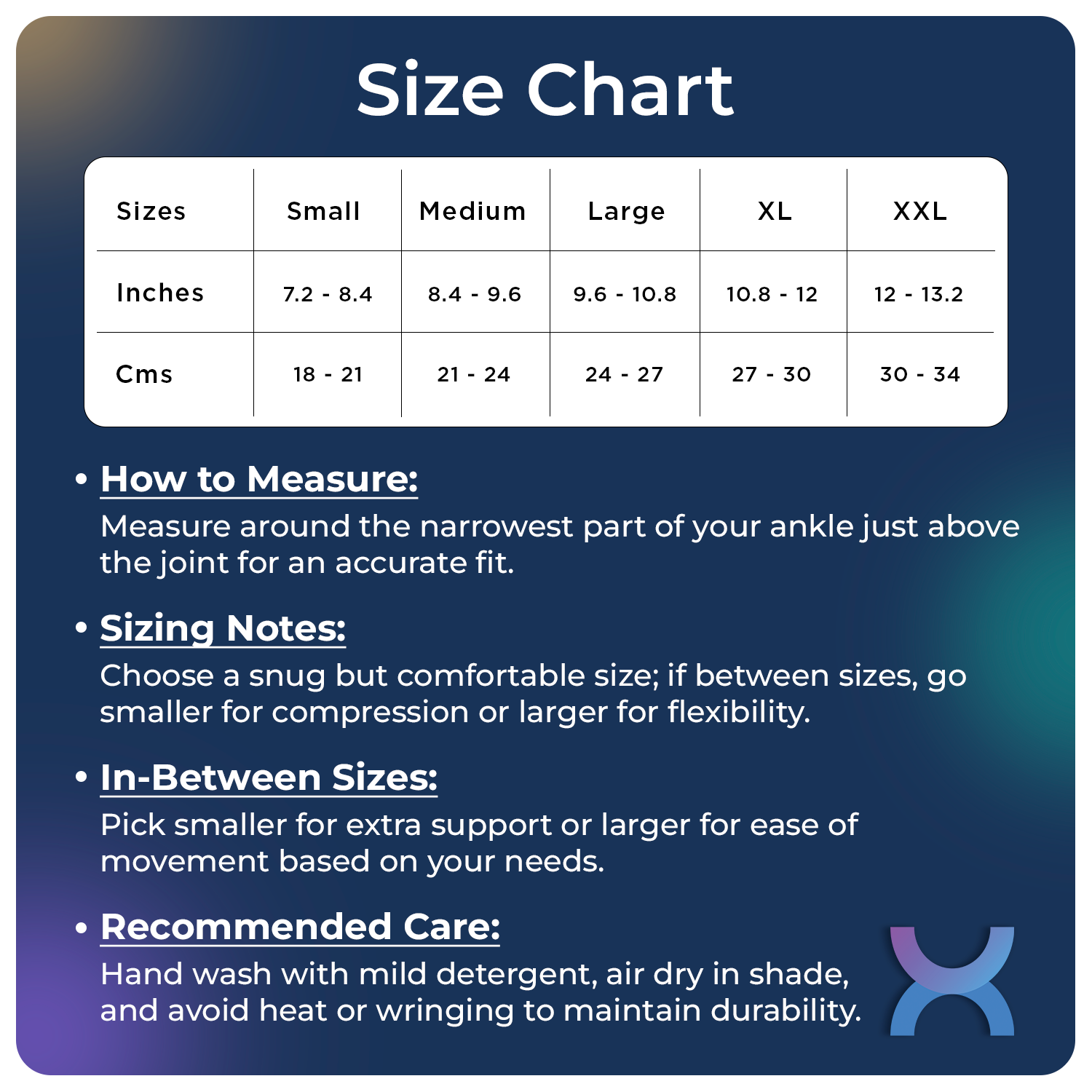 size chart for the Ankle Support Brace
