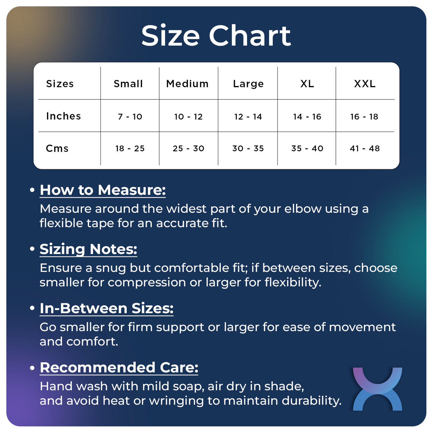 Size chart for the elbow brace