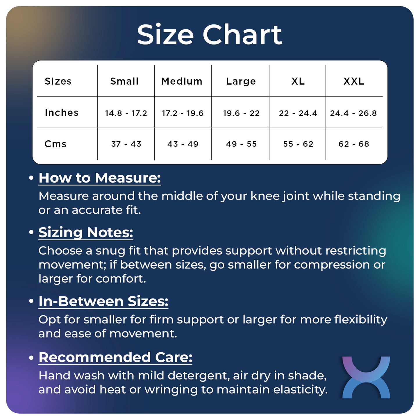 Size chat for the knee Cap without hinge
