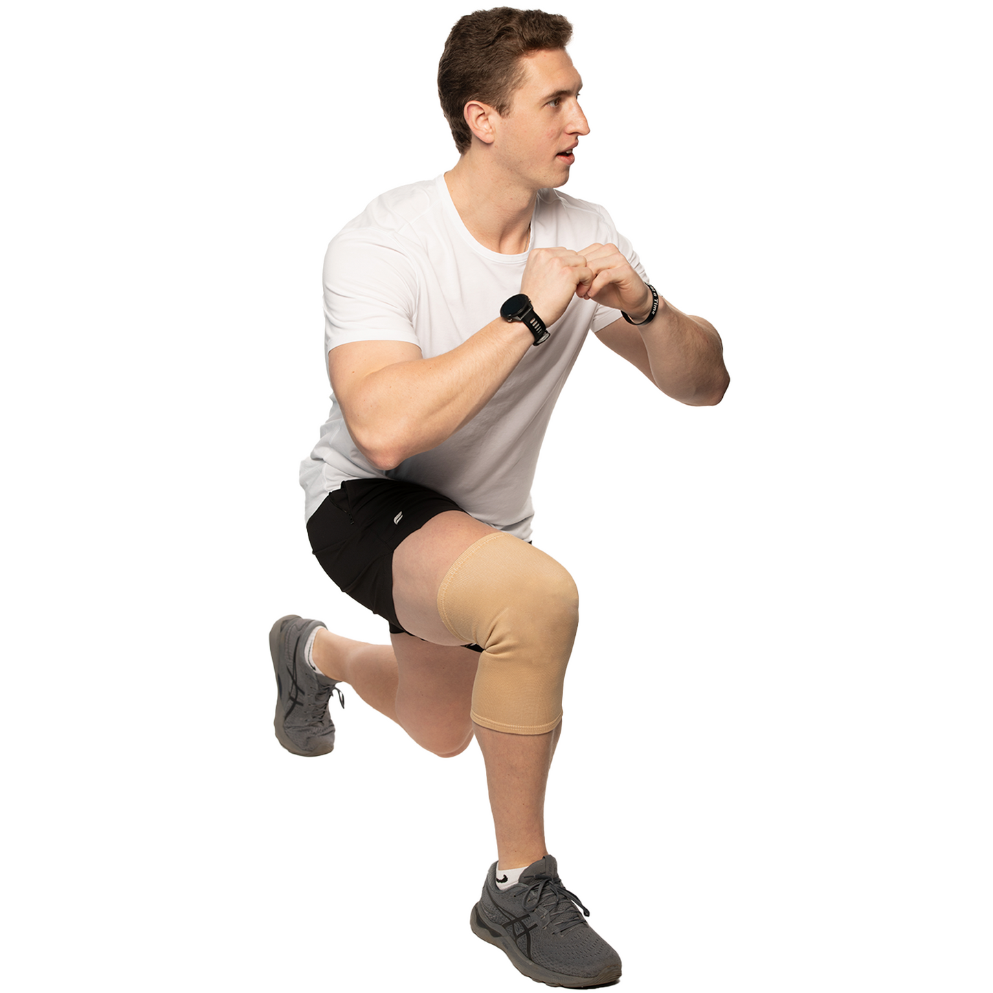 Man stretching while wearing a knee cap brace for support