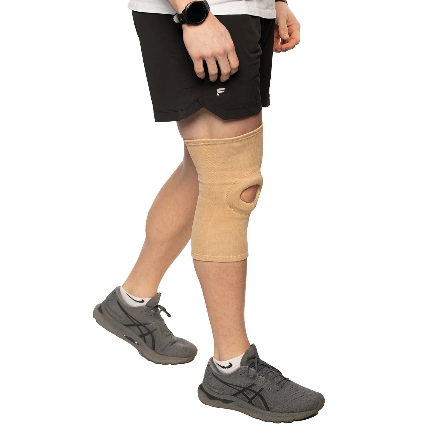 Walking with open patella knee support brace