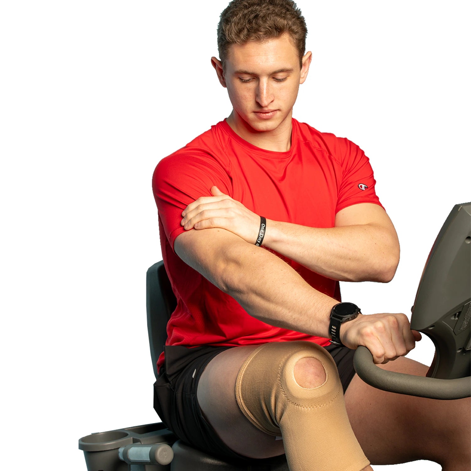 Man using open knee cap support during stretching