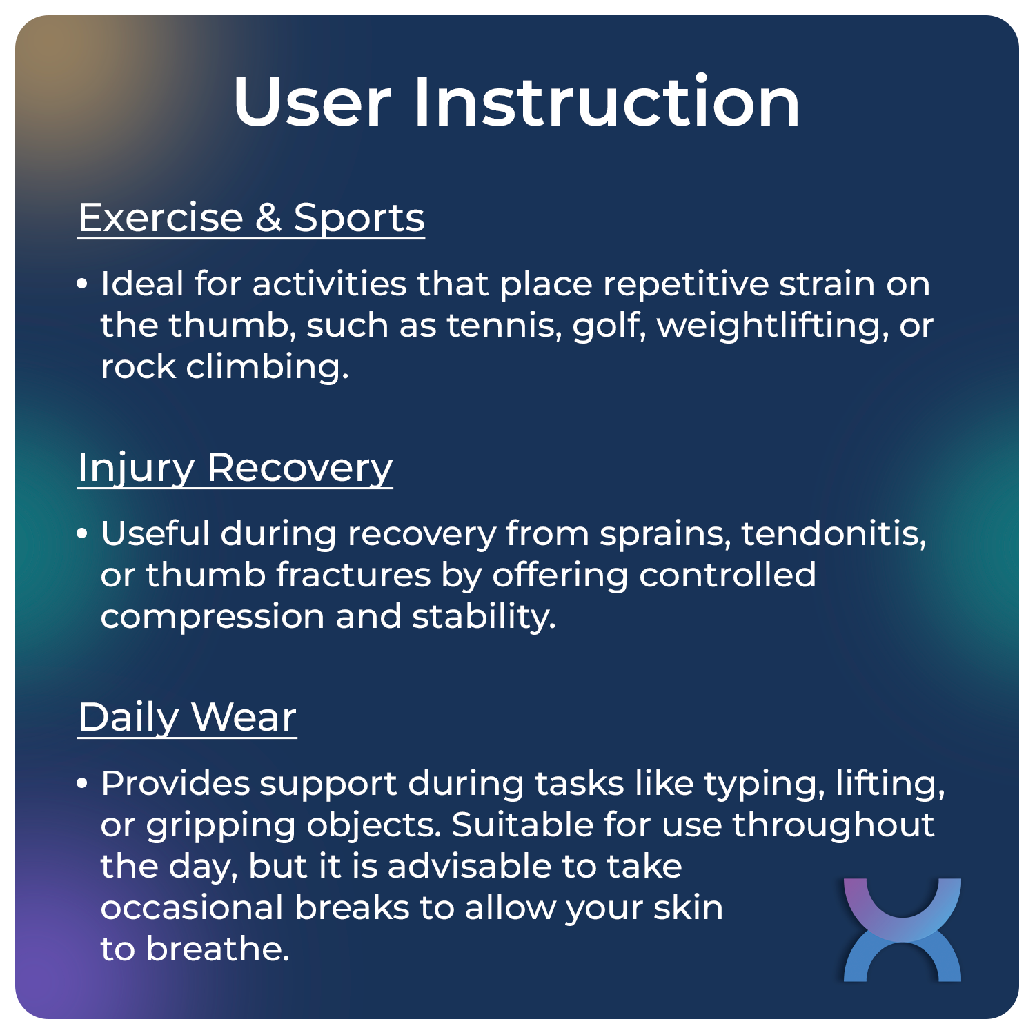 User instructions for thumb support belt 