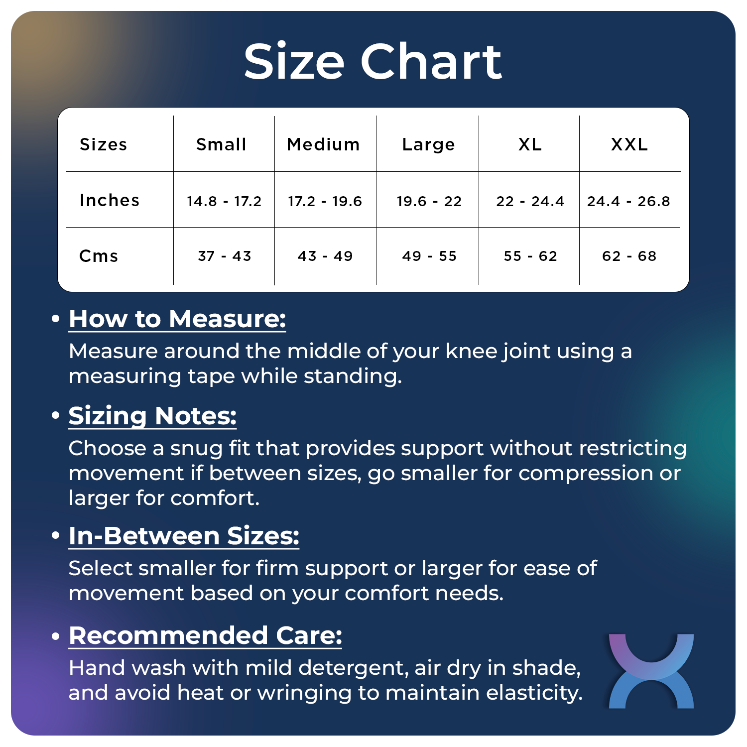 Size chart for the knee cap support brace 