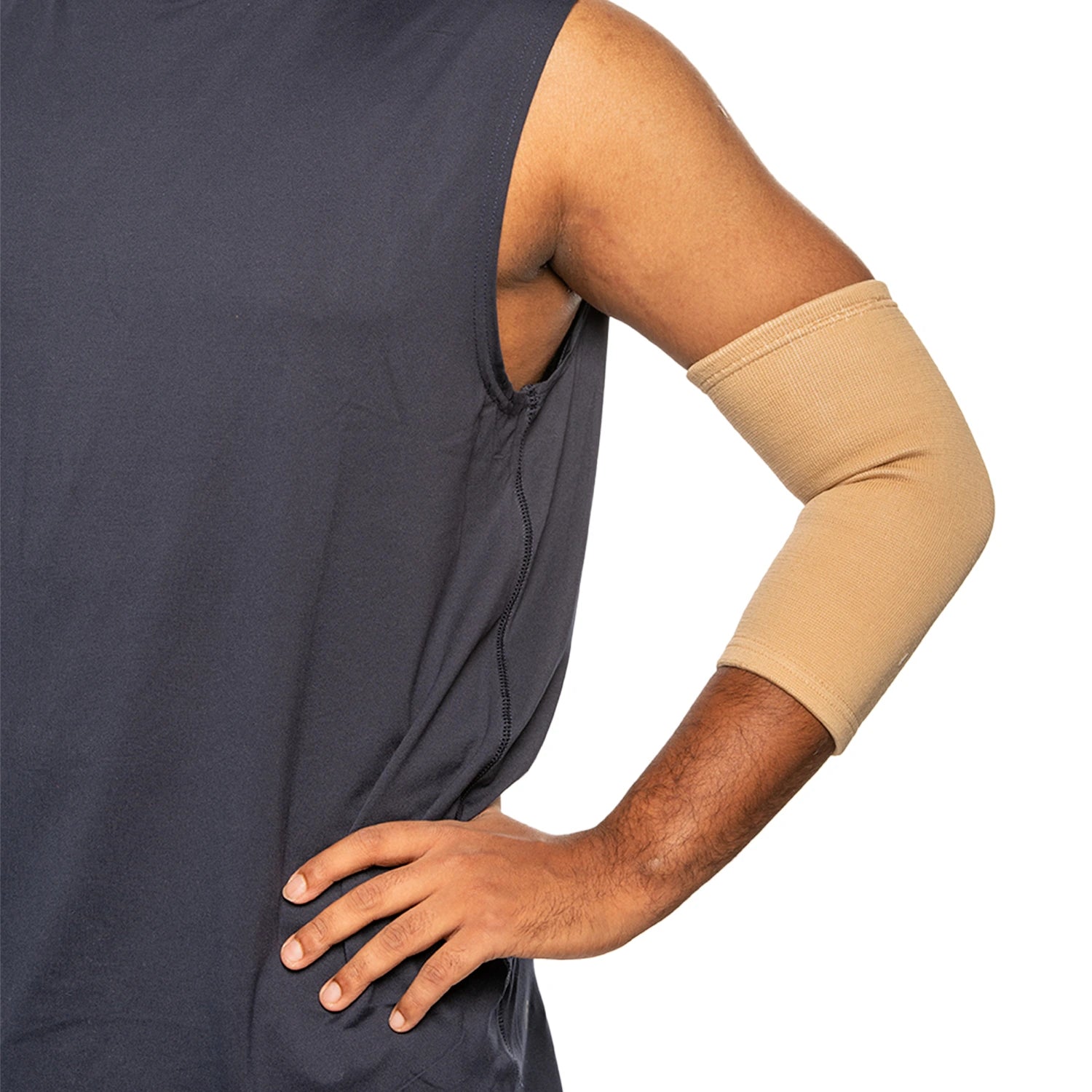Man showing elbow brace for Left hand 